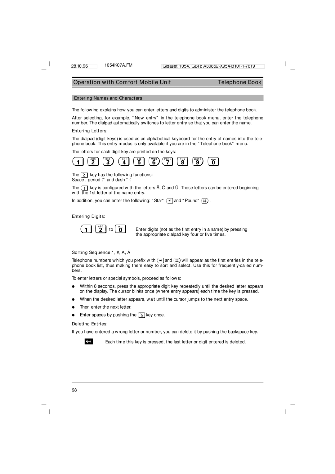 Siemens 1054 operating instructions Operation with Comfort Mobile Unit Telephone Book 