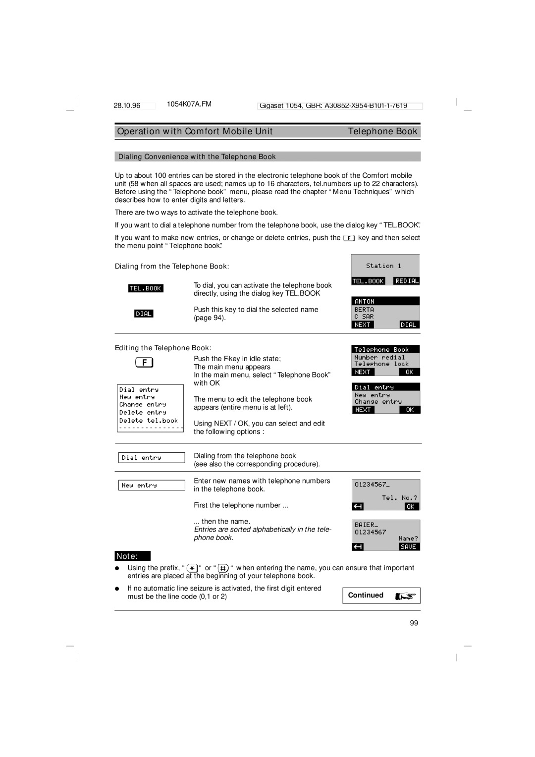 Siemens 1054 operating instructions Dialing Convenience with the Telephone Book, Editing the Telephone Book 