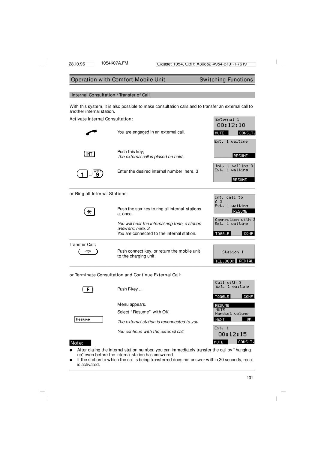 Siemens 1054 Operation with Comfort Mobile Unit Switching Functions, Internal Consultation / Transfer of Call 