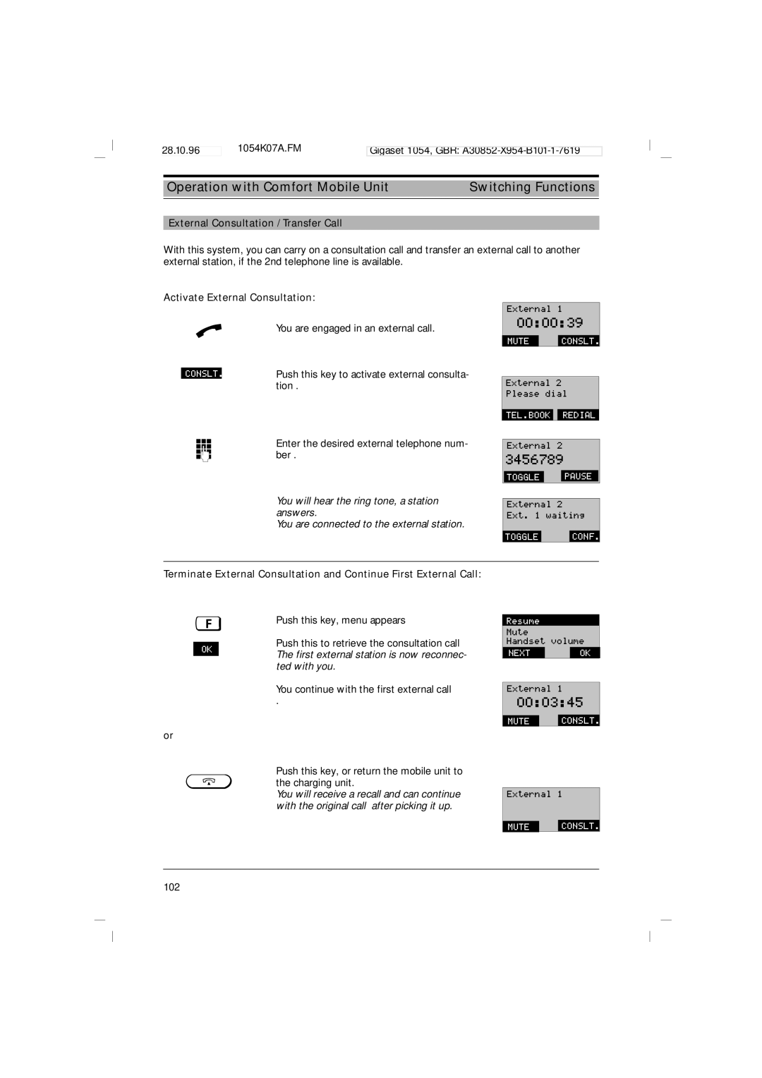 Siemens 1054 operating instructions External Consultation / Transfer Call, Activate External Consultation 