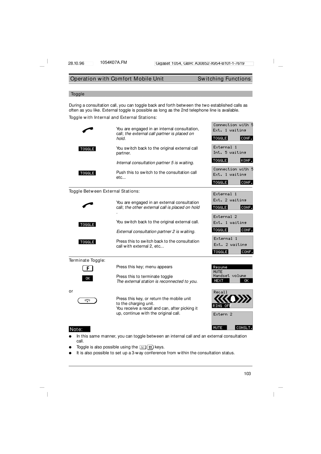 Siemens 1054 Toggle with Internal and External Stations, Toggle Between External Stations, Terminate Toggle 