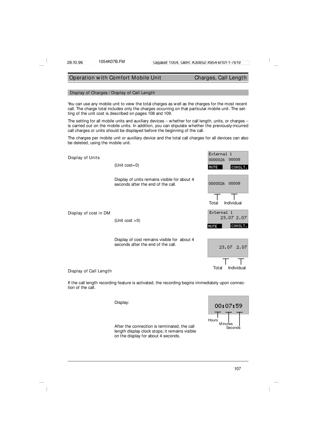 Siemens 1054 Operation with Comfort Mobile Unit Charges, Call Length, Display of Charges / Display of Call Length 