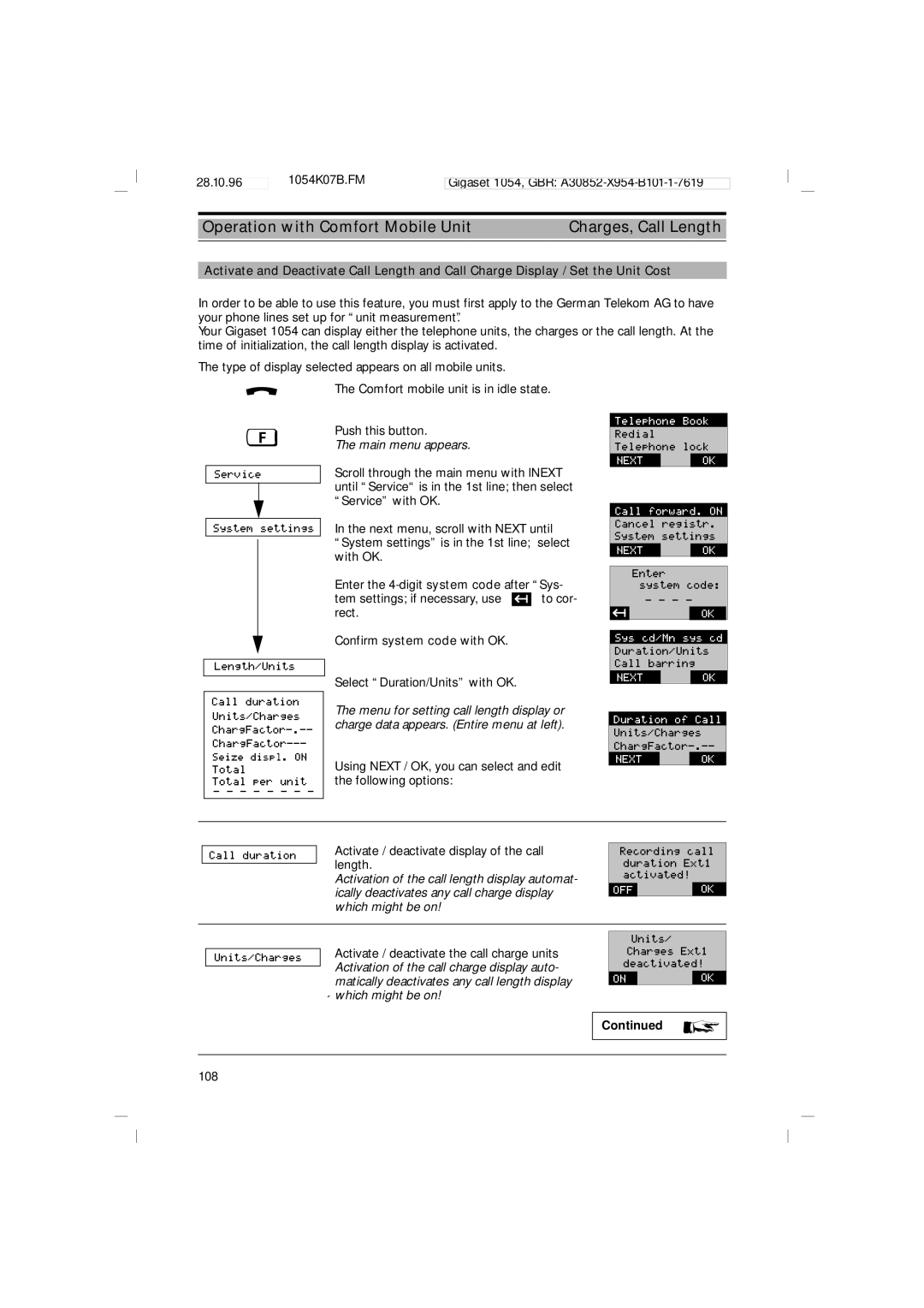 Siemens 1054 operating instructions Main menu appears 