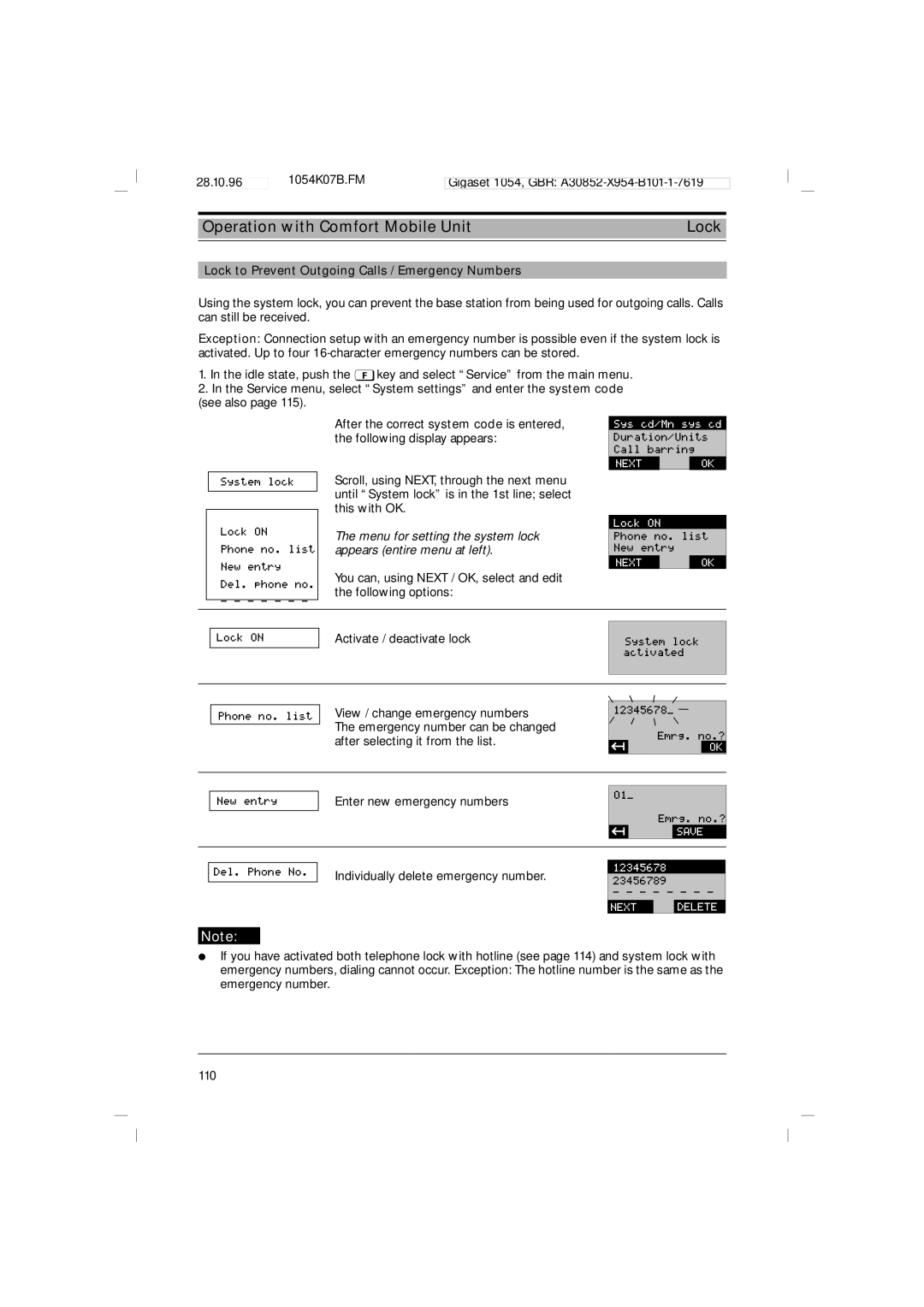 Siemens 1054 Operation with Comfort Mobile Unit Lock, Lock to Prevent Outgoing Calls / Emergency Numbers 