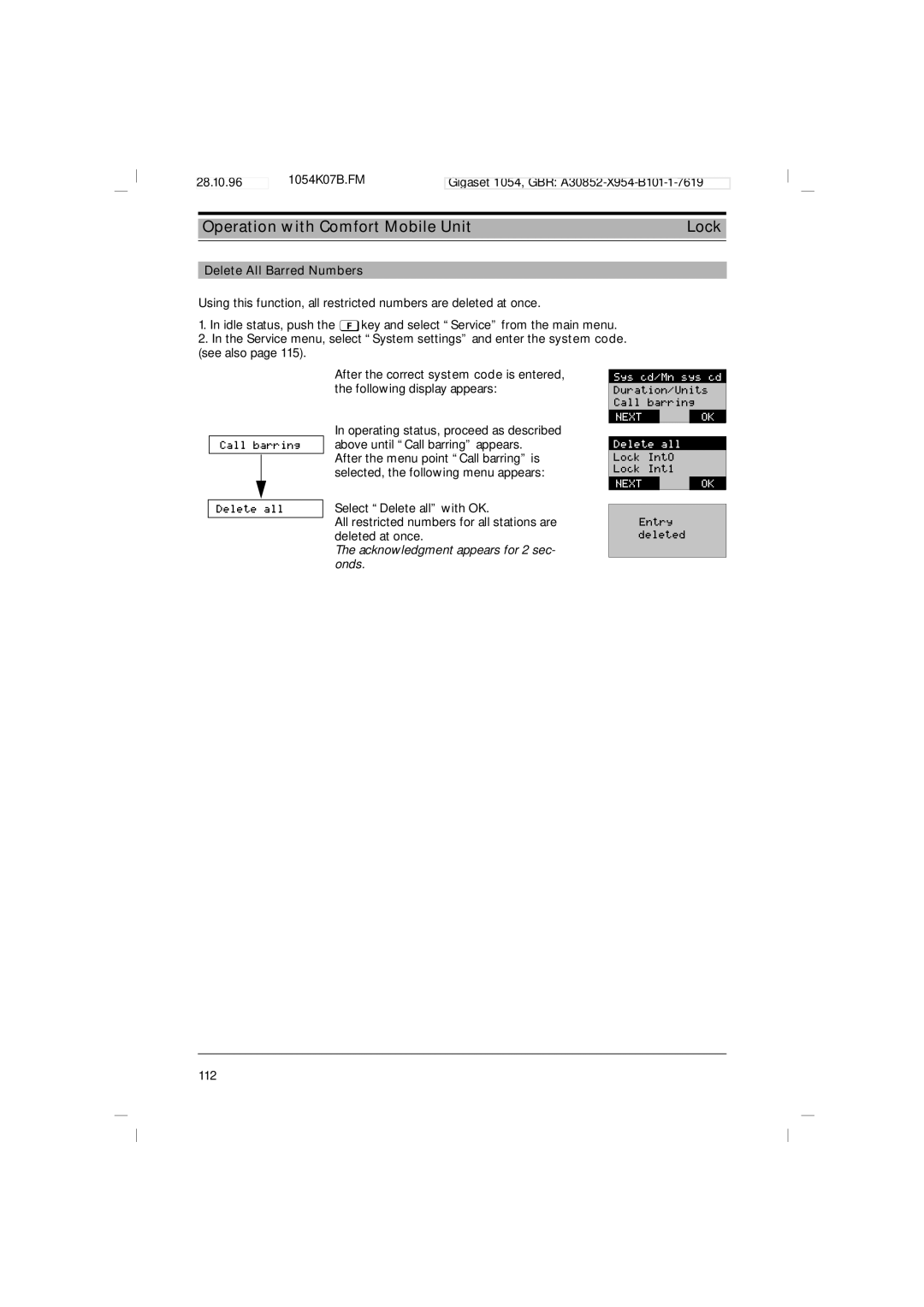 Siemens 1054 operating instructions Delete All Barred Numbers, Acknowledgment appears for 2 sec- onds 