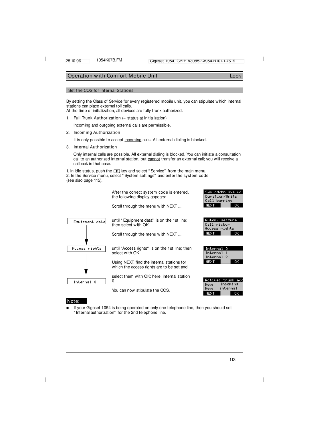 Siemens 1054 operating instructions Set the COS for Internal Stations, Incoming Authorization 