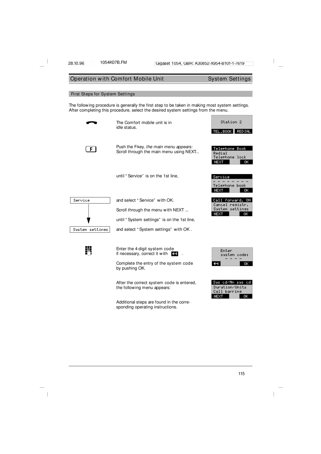 Siemens 1054 operating instructions Operation with Comfort Mobile Unit System Settings, First Steps for System Settings 