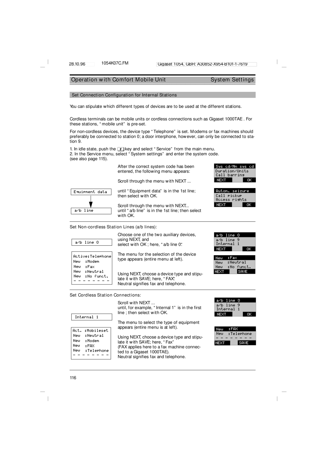 Siemens 1054 Set Connection Configuration for Internal Stations, Set Non-cordless Station Lines a/b lines 