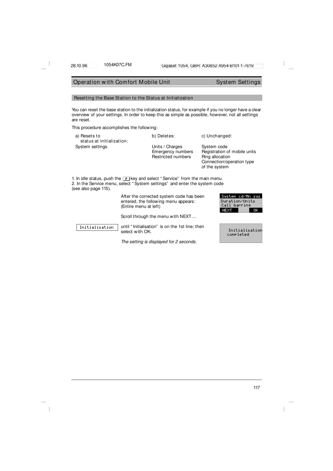 Siemens 1054 Resets to Deletes Unchanged Status at initialization, Setting is displayed for 2 seconds 