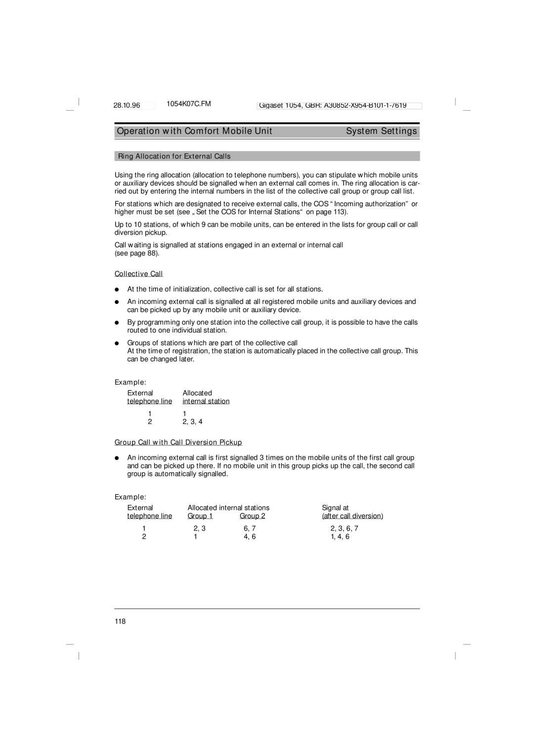 Siemens 1054 operating instructions External Allocated Telephone line Internal station 