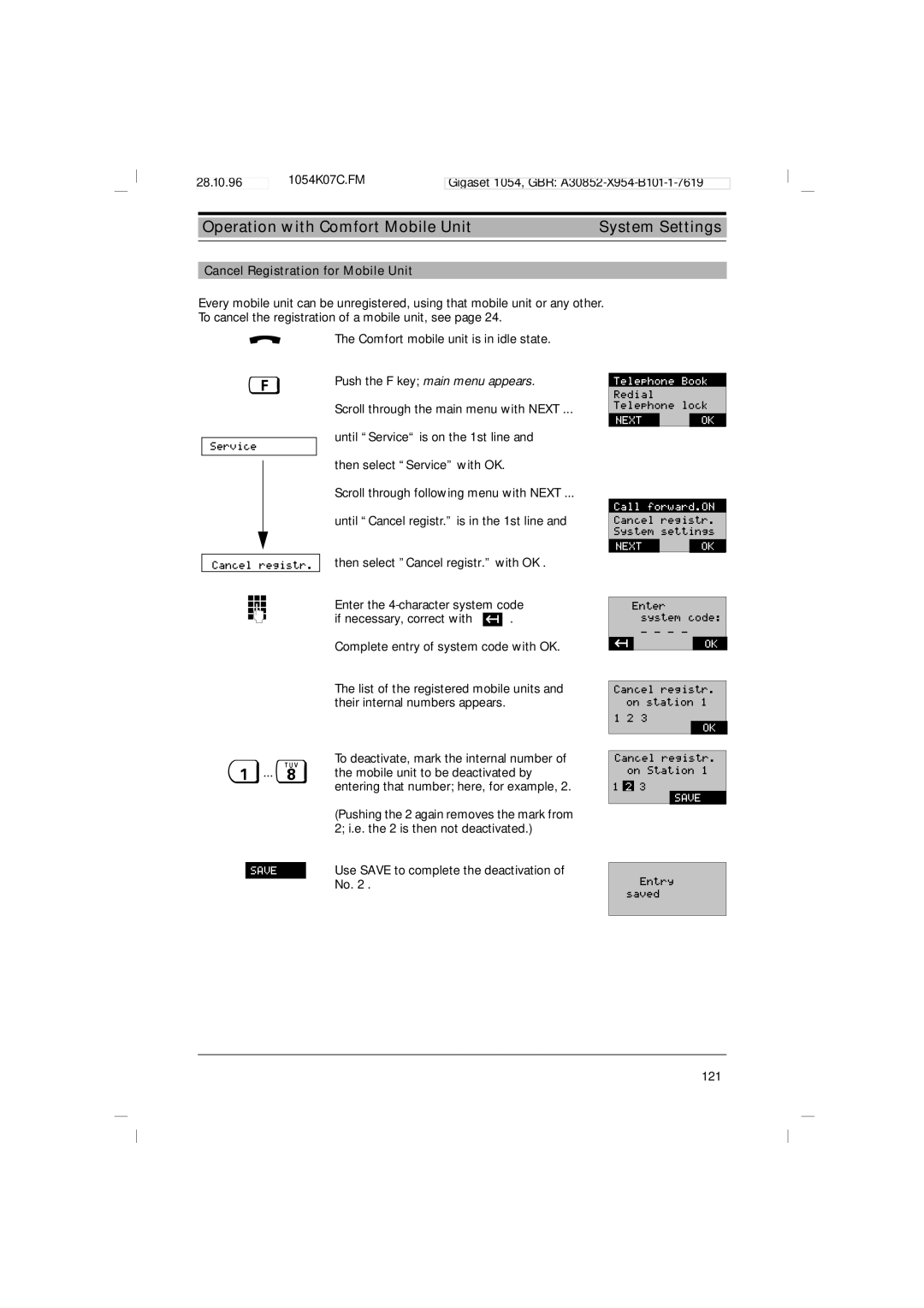 Siemens 1054 operating instructions Cancel Registration for Mobile Unit, Push the F key main menu appears 