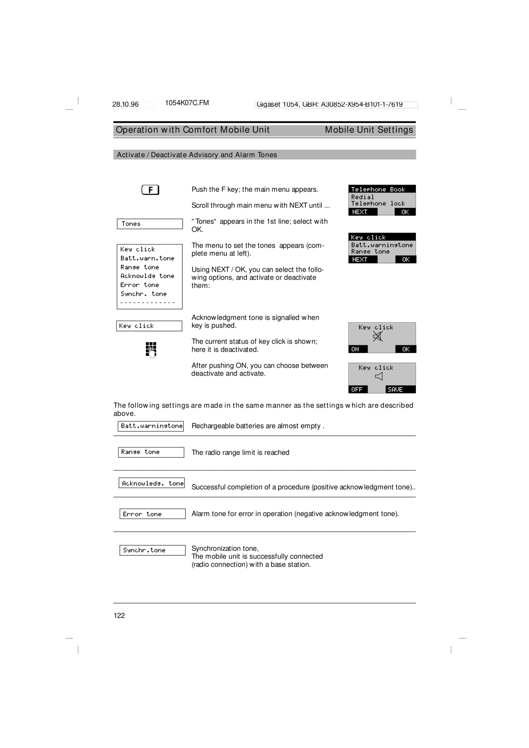 Siemens 1054 Operation with Comfort Mobile Unit Mobile Unit Settings, Activate / Deactivate Advisory and Alarm Tones 