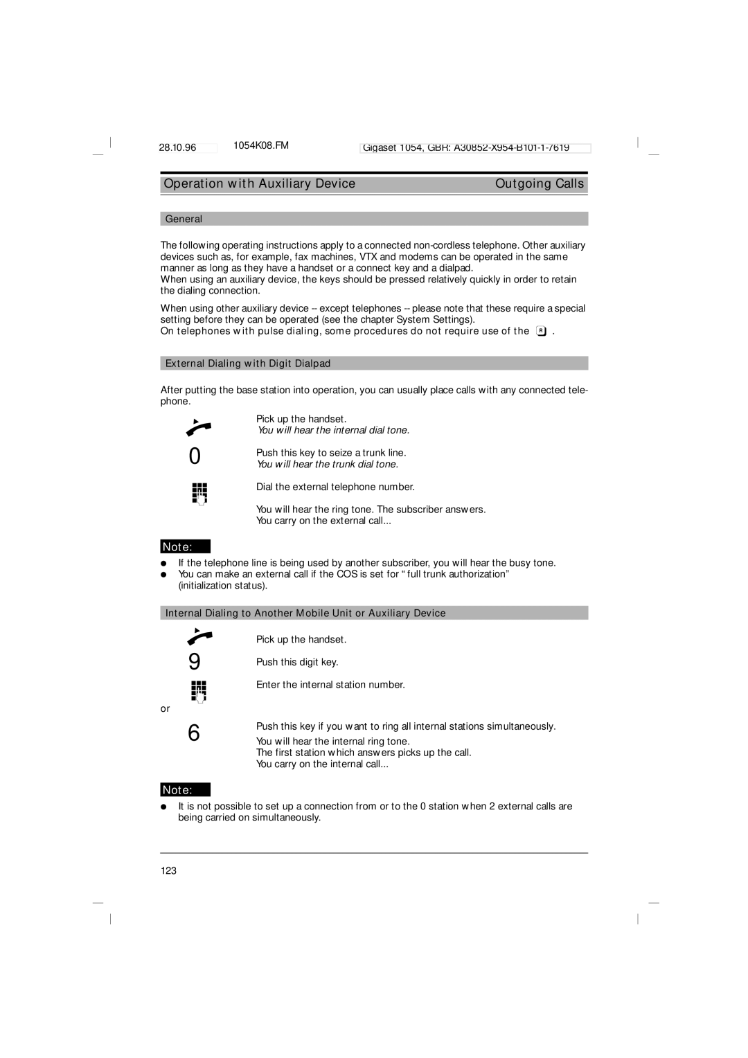 Siemens 1054 Operation with Auxiliary Device Outgoing Calls, General, You will hear the internal dial tone 