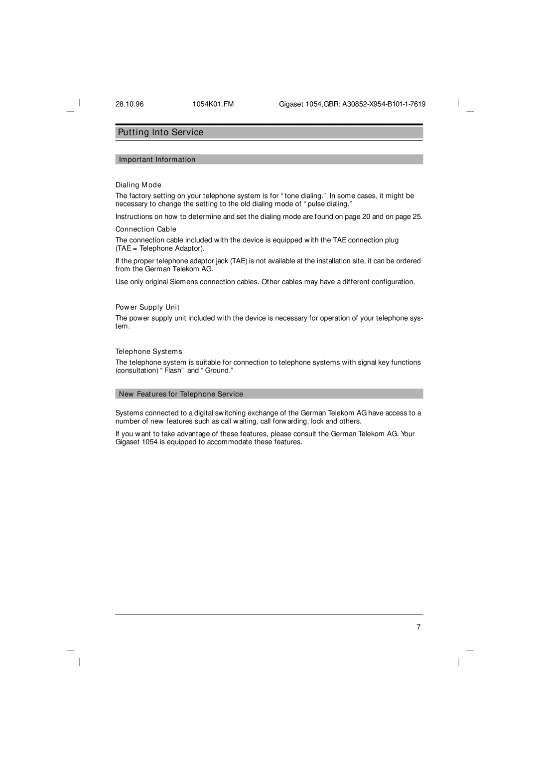 Siemens 1054 operating instructions Putting Into Service 