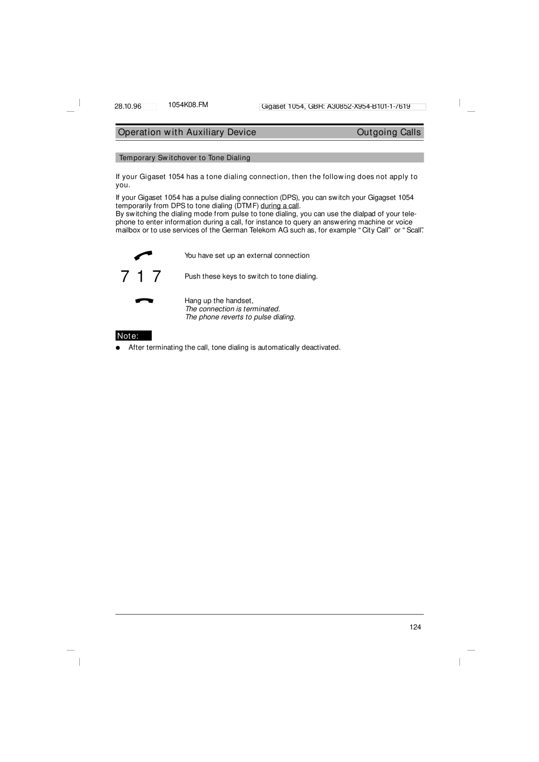 Siemens 1054 operating instructions Connection is terminated Phone reverts to pulse dialing 