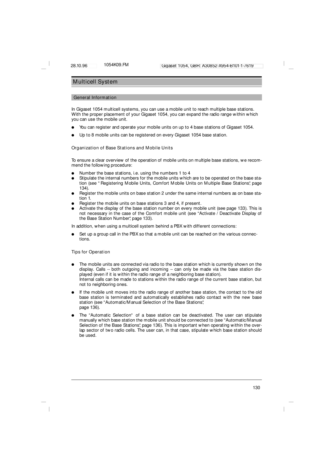 Siemens 1054 operating instructions Multicell System, Organization of Base Stations and Mobile Units, Tips for Operation 