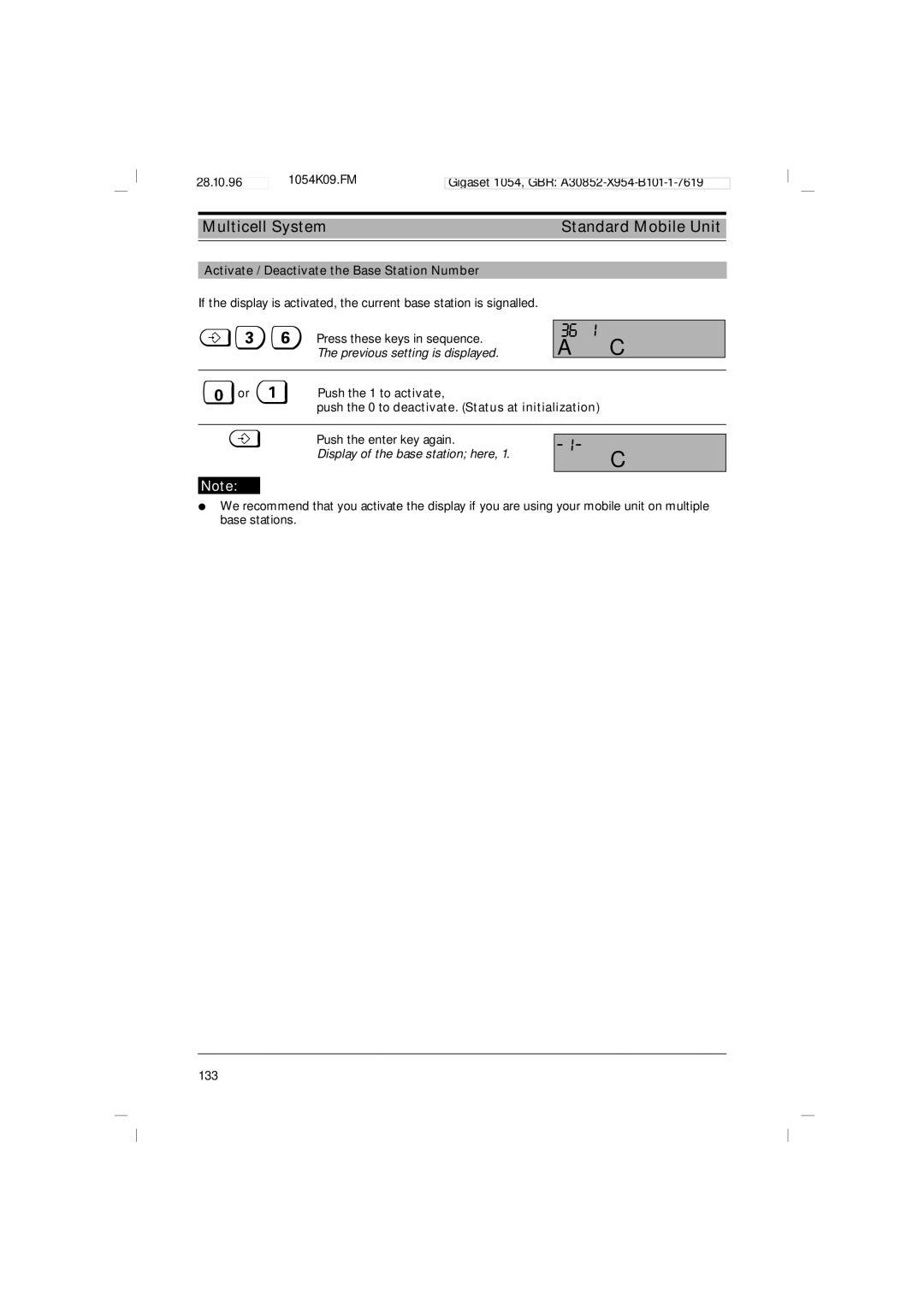 Siemens 1054 Activate / Deactivate the Base Station Number, Push the 0 to deactivate. Status at initialization 