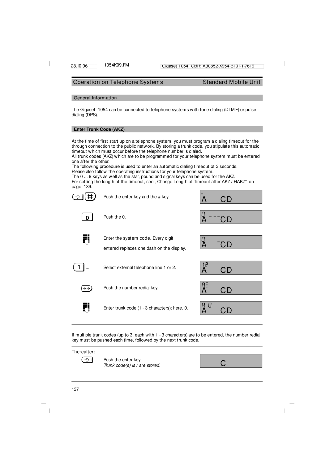 Siemens 1054 operating instructions Operation on Telephone Systems Standard Mobile Unit, Thereafter 