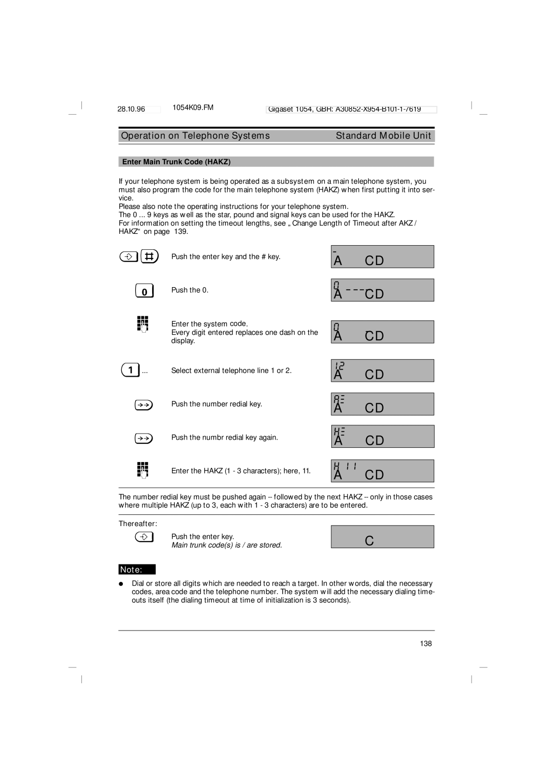 Siemens 1054 operating instructions Enter Main Trunk Code Hakz 