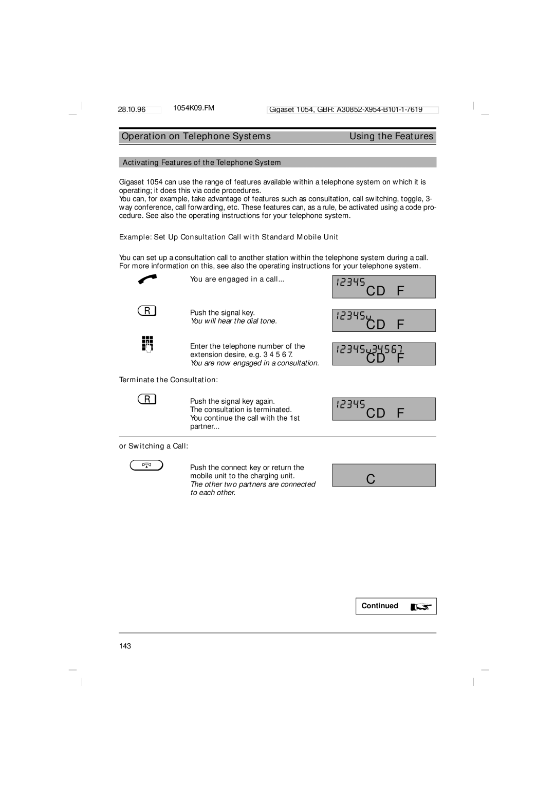 Siemens 1054 operating instructions 12345u34567, Operation on Telephone Systems Using the Features 