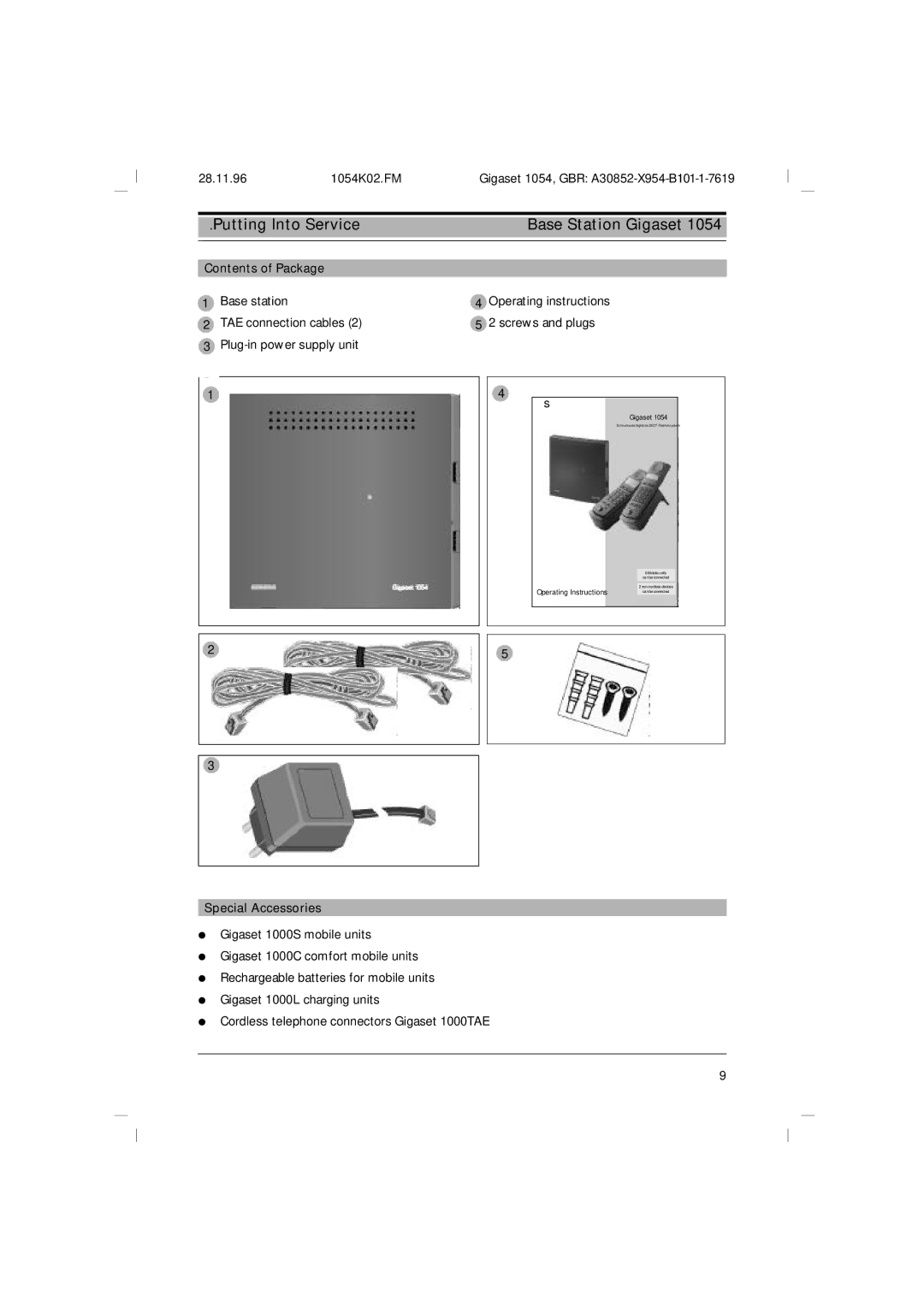 Siemens 1054 operating instructions Putting Into Service Base Station Gigaset, Contents of Package, Special Accessories 