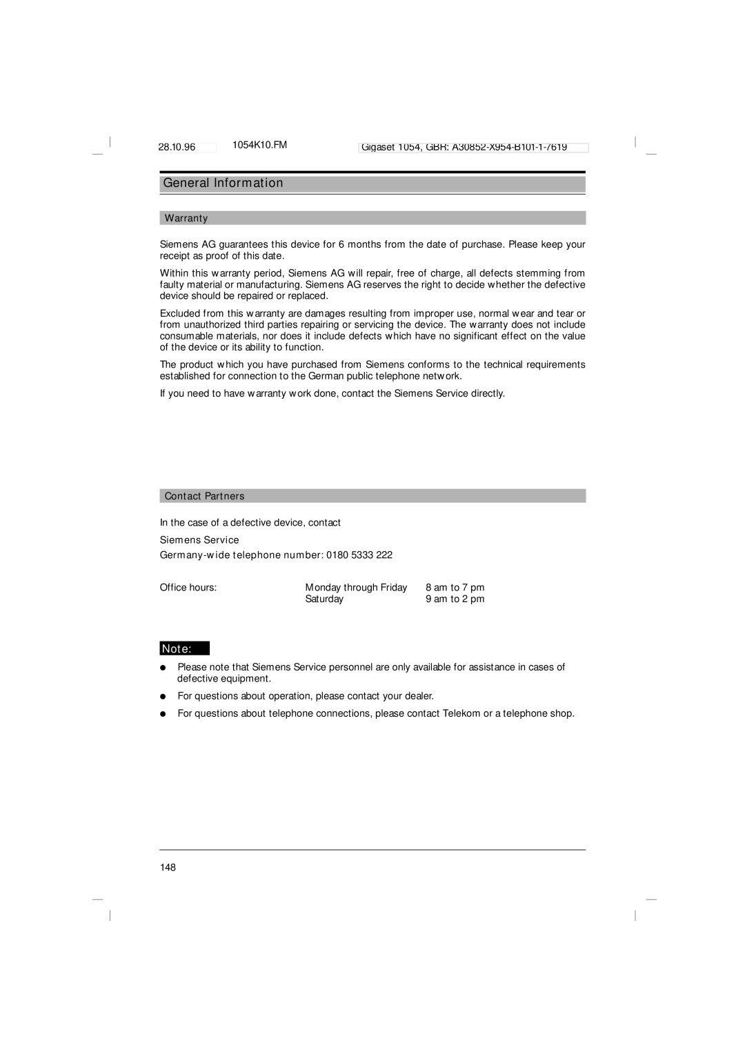 Siemens 1054 operating instructions Warranty, Contact Partners, Siemens Service Germany-wide telephone number 0180 5333 