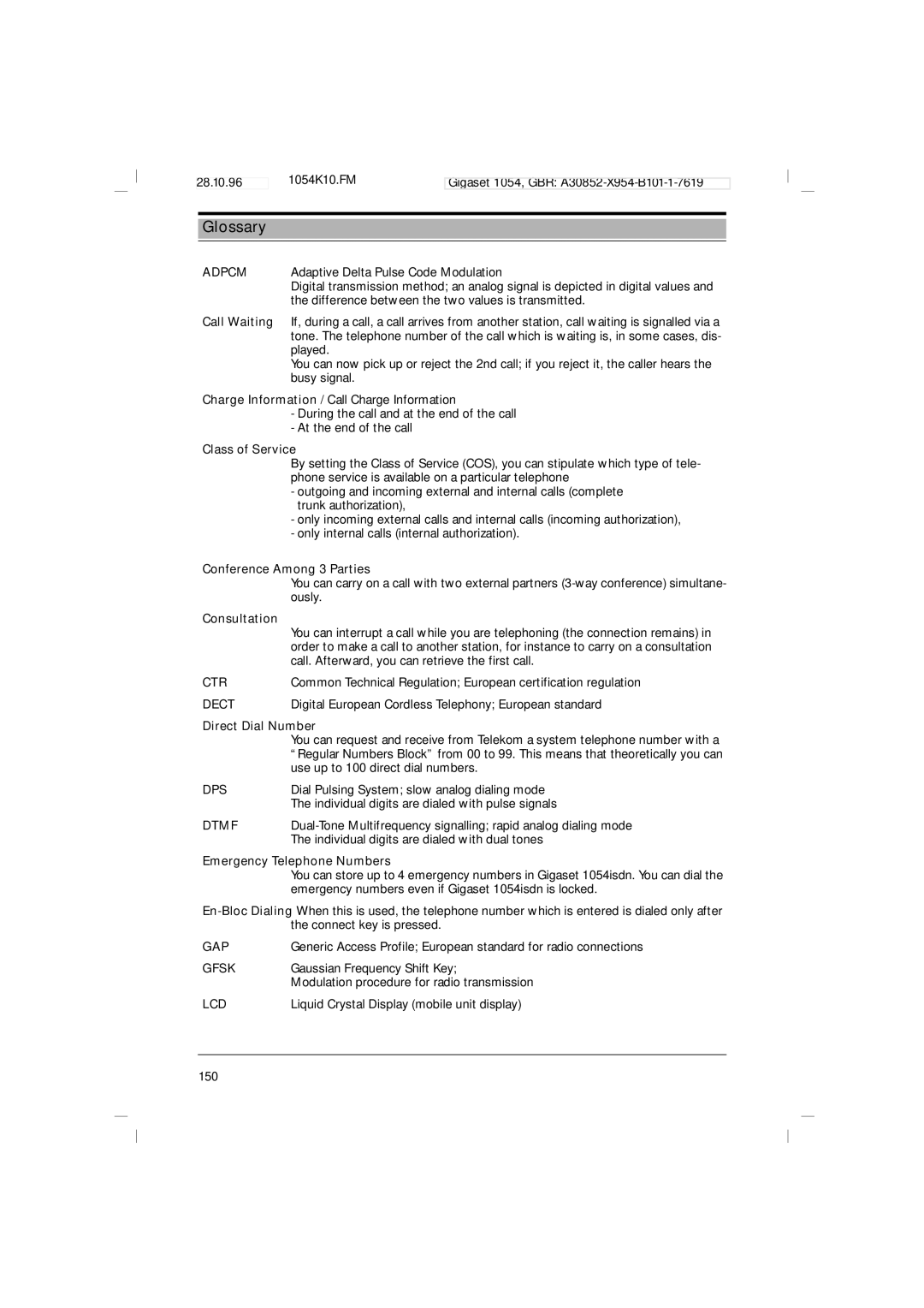 Siemens 1054 operating instructions Glossary 