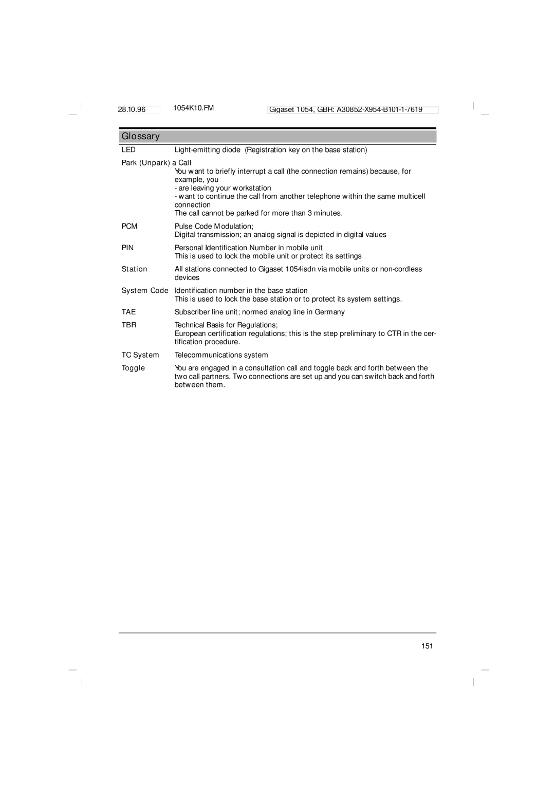 Siemens 1054 operating instructions Park Unpark a Call, Station, TC System 