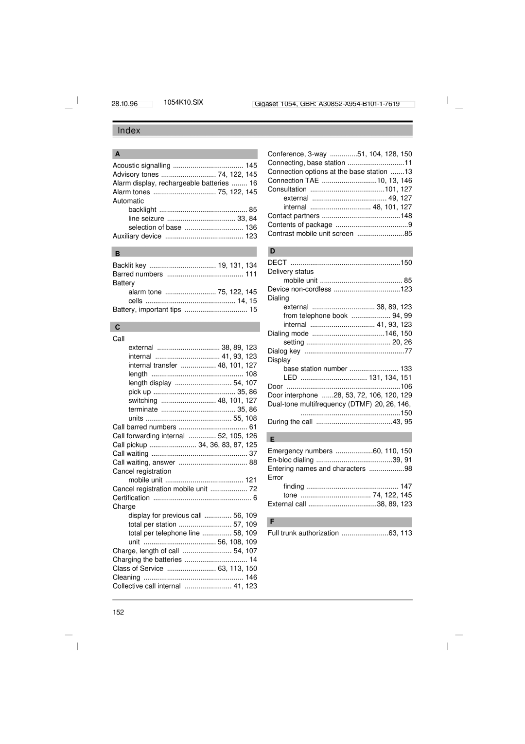 Siemens 1054 operating instructions Index, Led 