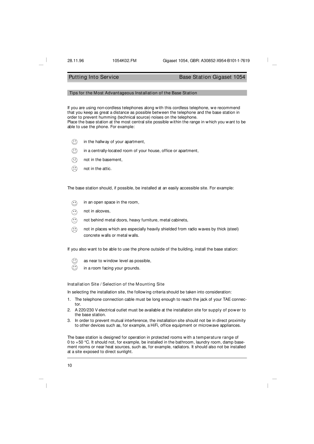 Siemens 1054 operating instructions Installation Site / Selection of the Mounting Site 