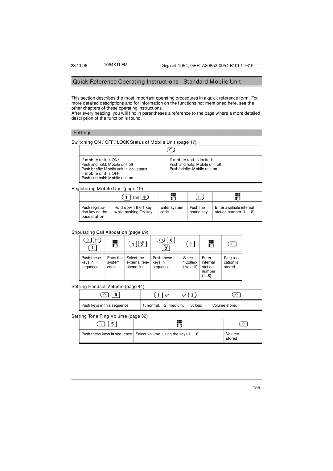 Siemens 1054 operating instructions Quick Reference Operating Instructions Standard Mobile Unit 