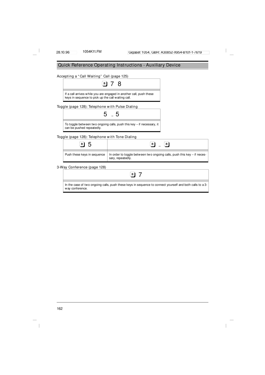 Siemens 1054 Toggle page 128 Telephone with Pulse Dialing, Toggle page 128 Telephone with Tone Dialing 