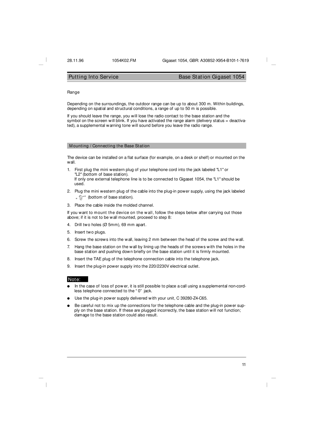 Siemens 1054 operating instructions Range, Mounting / Connecting the Base Station 