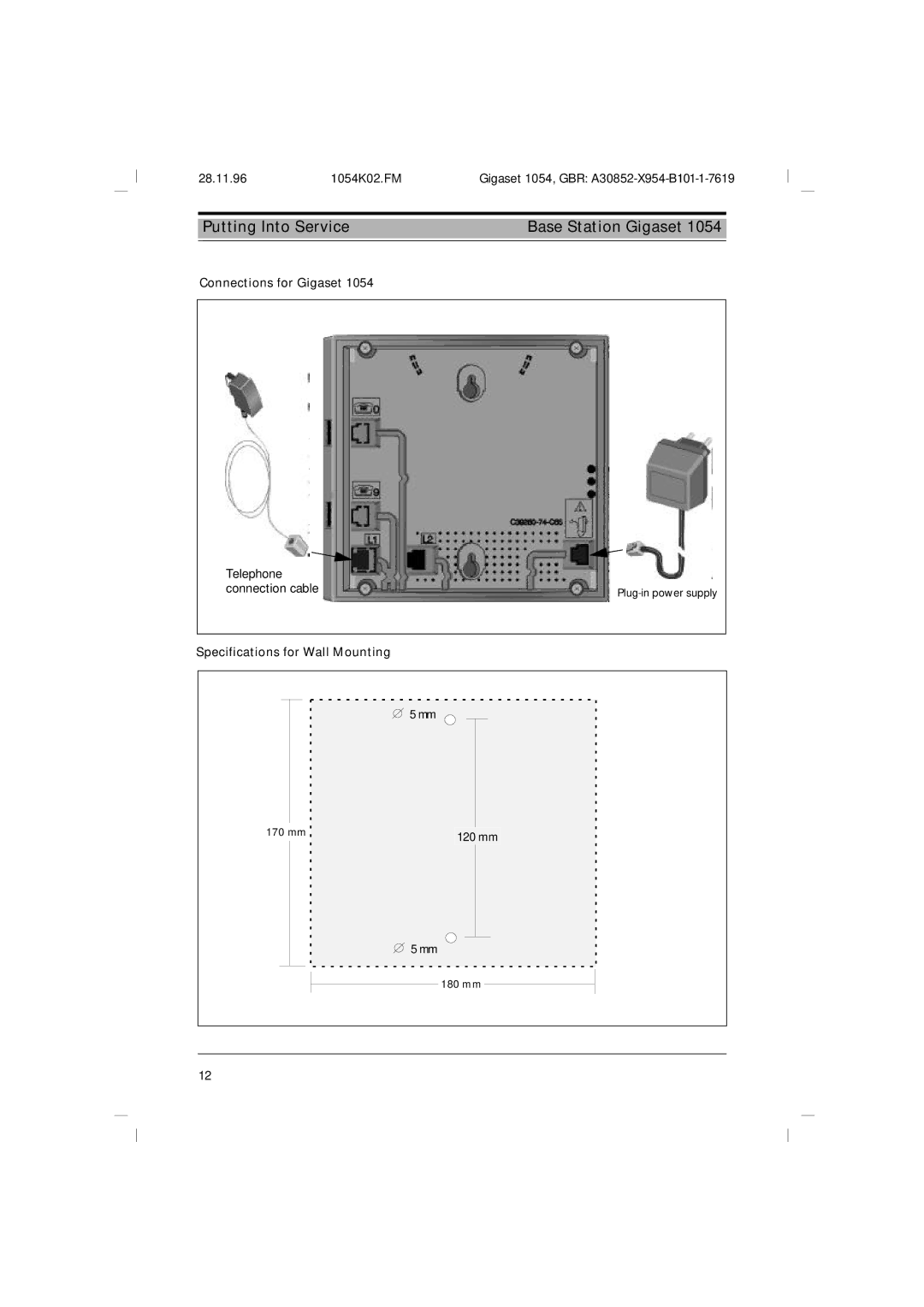 Siemens 1054 operating instructions Connections for Gigaset, Specifications for Wall Mounting 