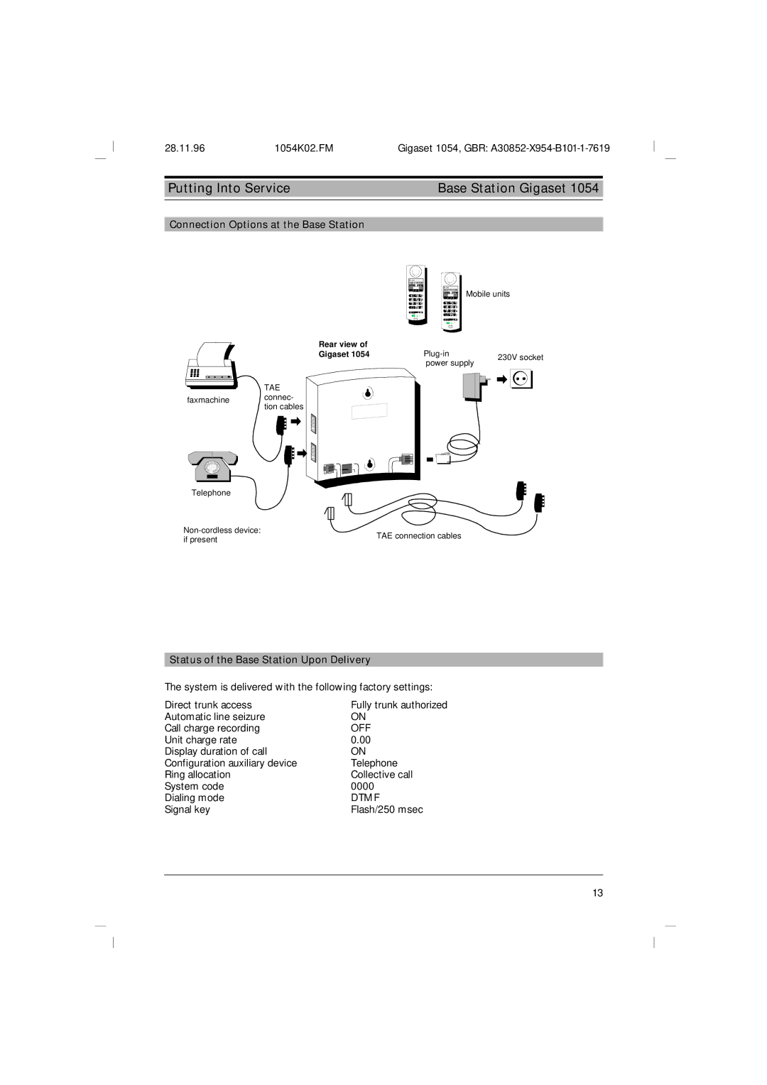 Siemens 1054 operating instructions Connection Options at the Base Station, Status of the Base Station Upon Delivery 