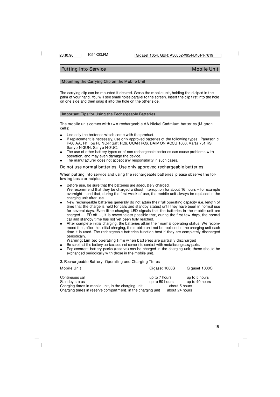 Siemens 1054 operating instructions Mounting the Carrying Clip on the Mobile Unit, Mobile Unit Gigaset 1000S Gigaset 1000C 