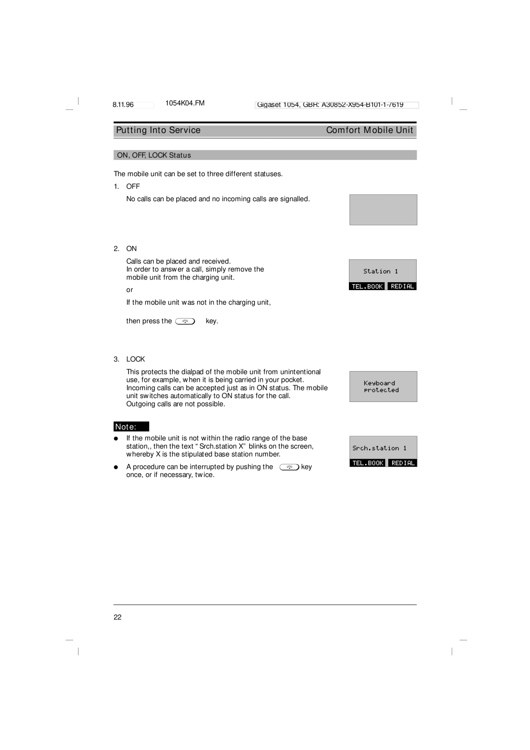 Siemens 1054 operating instructions ON, OFF, Lock Status, Off 