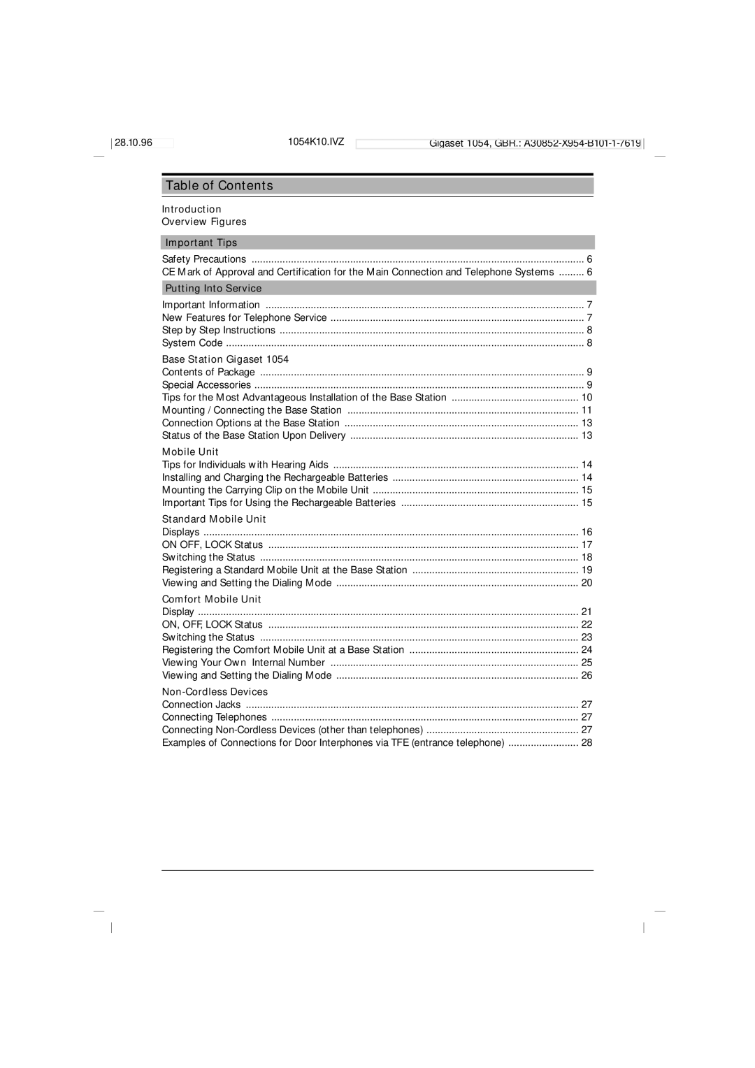 Siemens 1054 operating instructions Table of Contents 