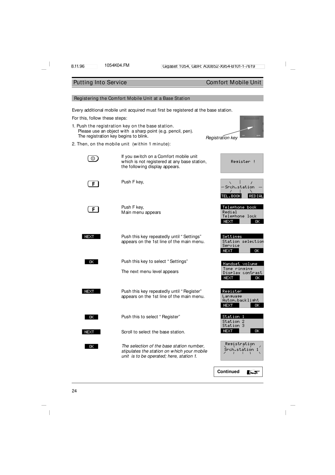 Siemens 1054 operating instructions Registration key 