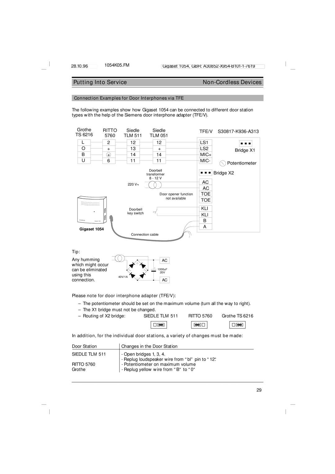 Siemens 1054 Connection Examples for Door Interphones via TFE, Tip, Please note for door interphone adapter TFE/V 