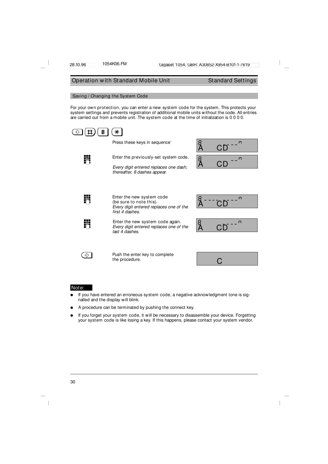 Siemens 1054 Operation with Standard Mobile Unit Standard Settings, Saving / Changing the System Code 