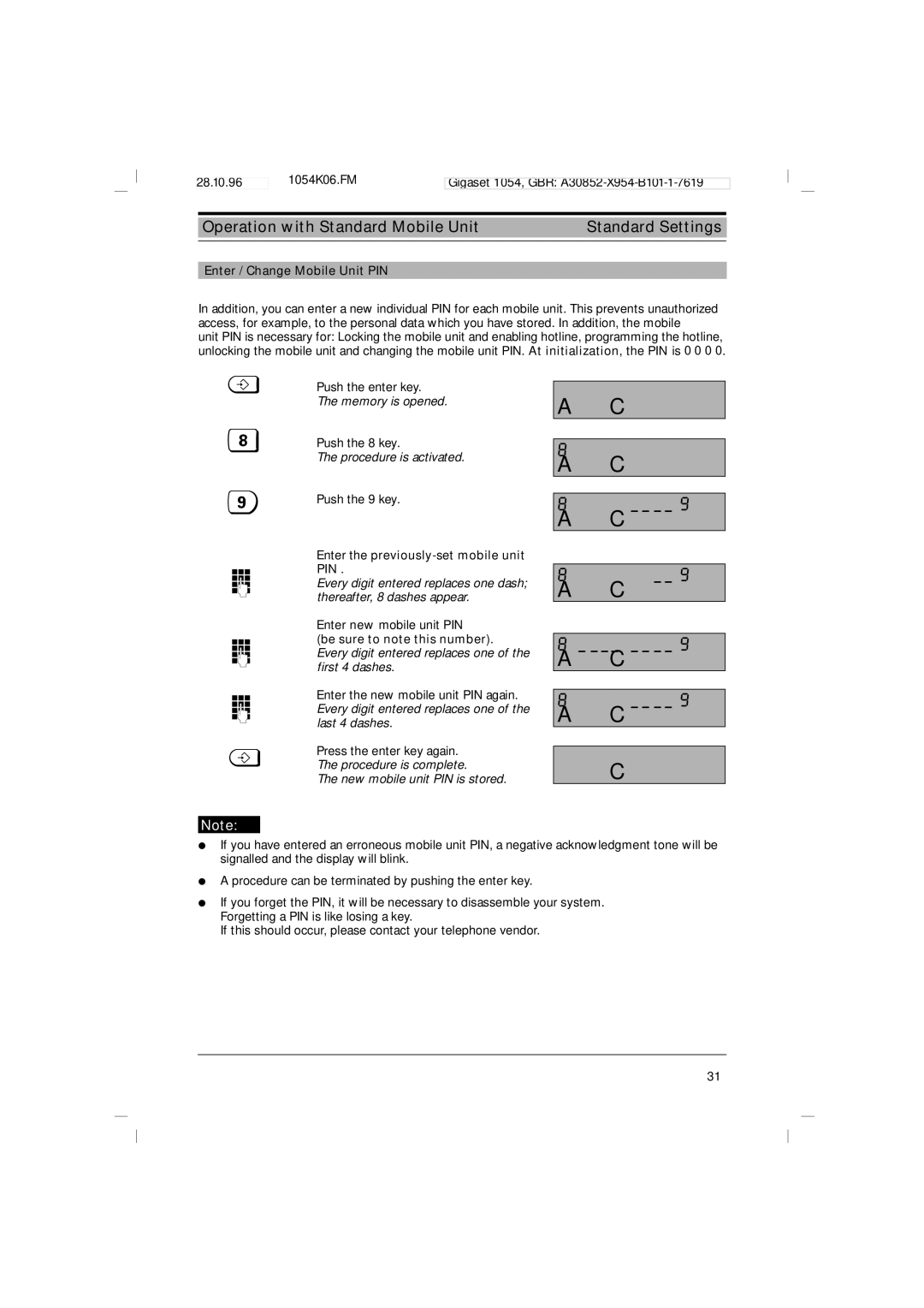 Siemens 1054 operating instructions Enter / Change Mobile Unit PIN, Push the 8 key, Enter the previously-set mobile unit 