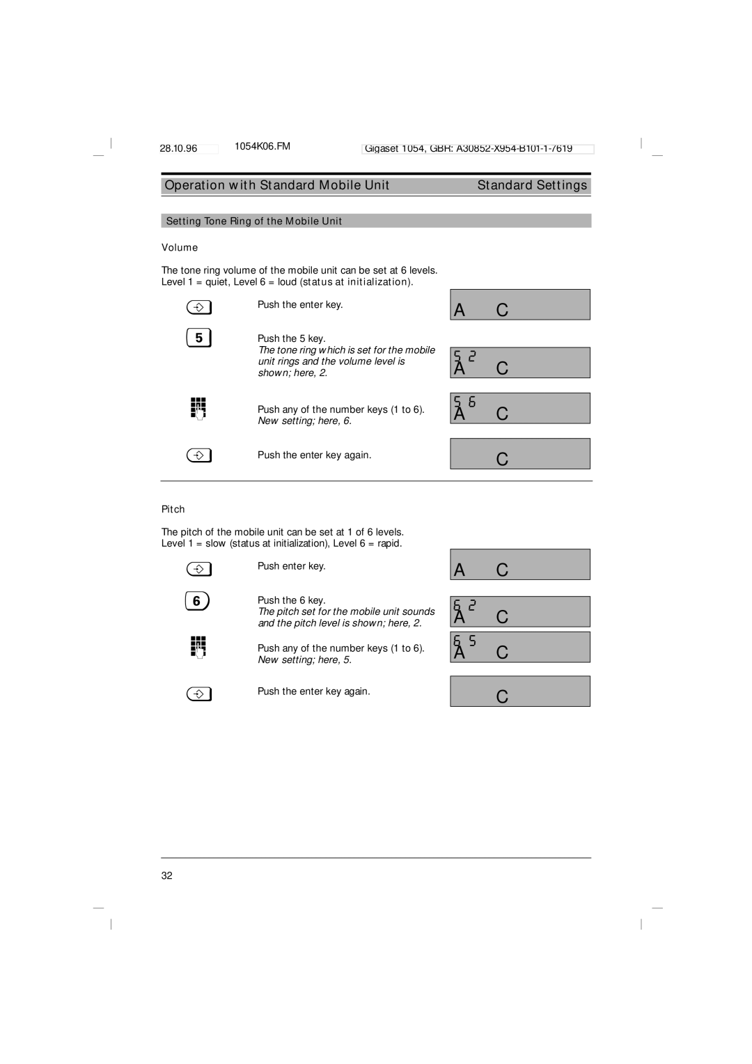 Siemens 1054 operating instructions Setting Tone Ring of the Mobile Unit Volume, Pitch 