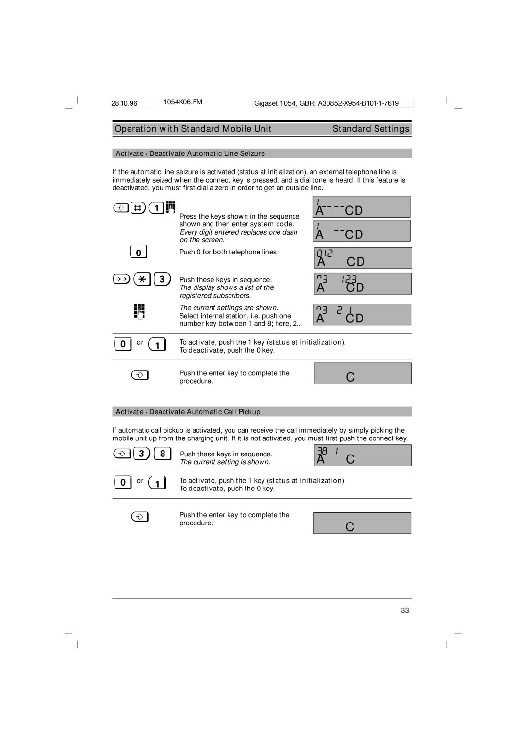 Siemens 1054 operating instructions 012 N3 2, Activate / Deactivate Automatic Line Seizure, Current settings are shown 