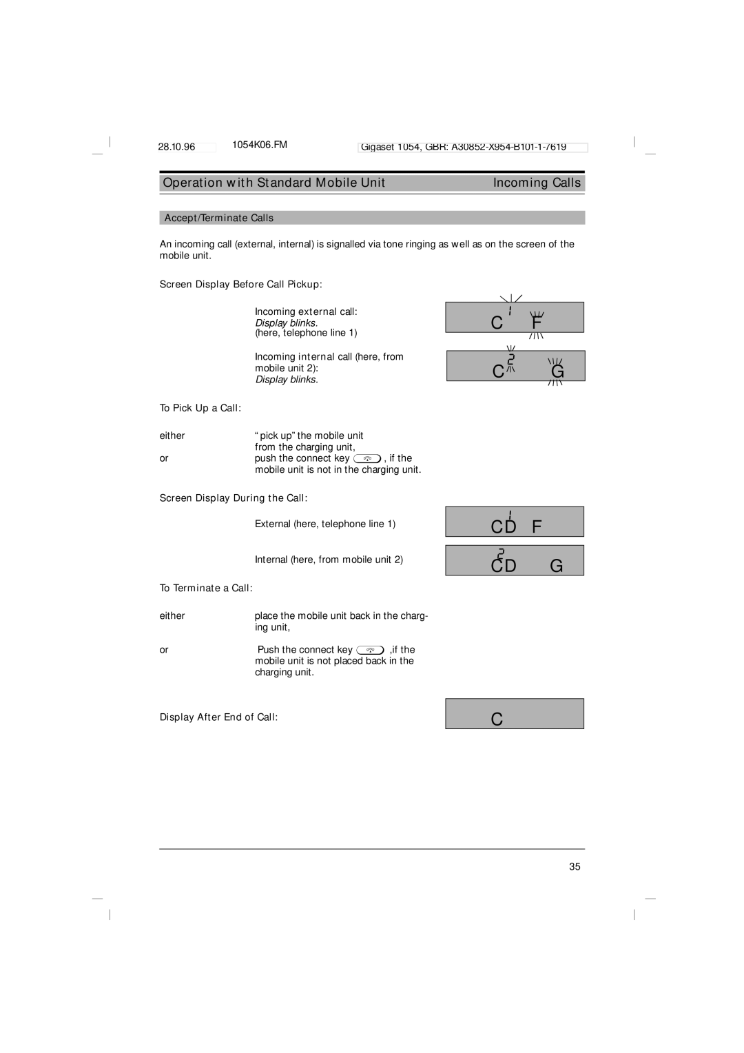 Siemens 1054 operating instructions Operation with Standard Mobile Unit Incoming Calls 