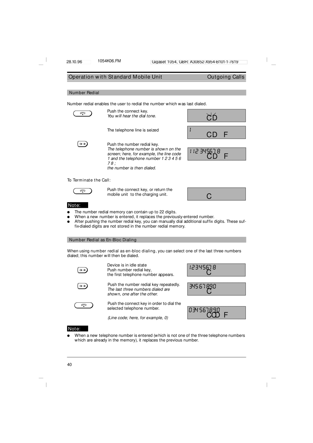 Siemens 1054 operating instructions 112345678, 12345678 34567890 034567890, Number Redial as En-Bloc Dialing 