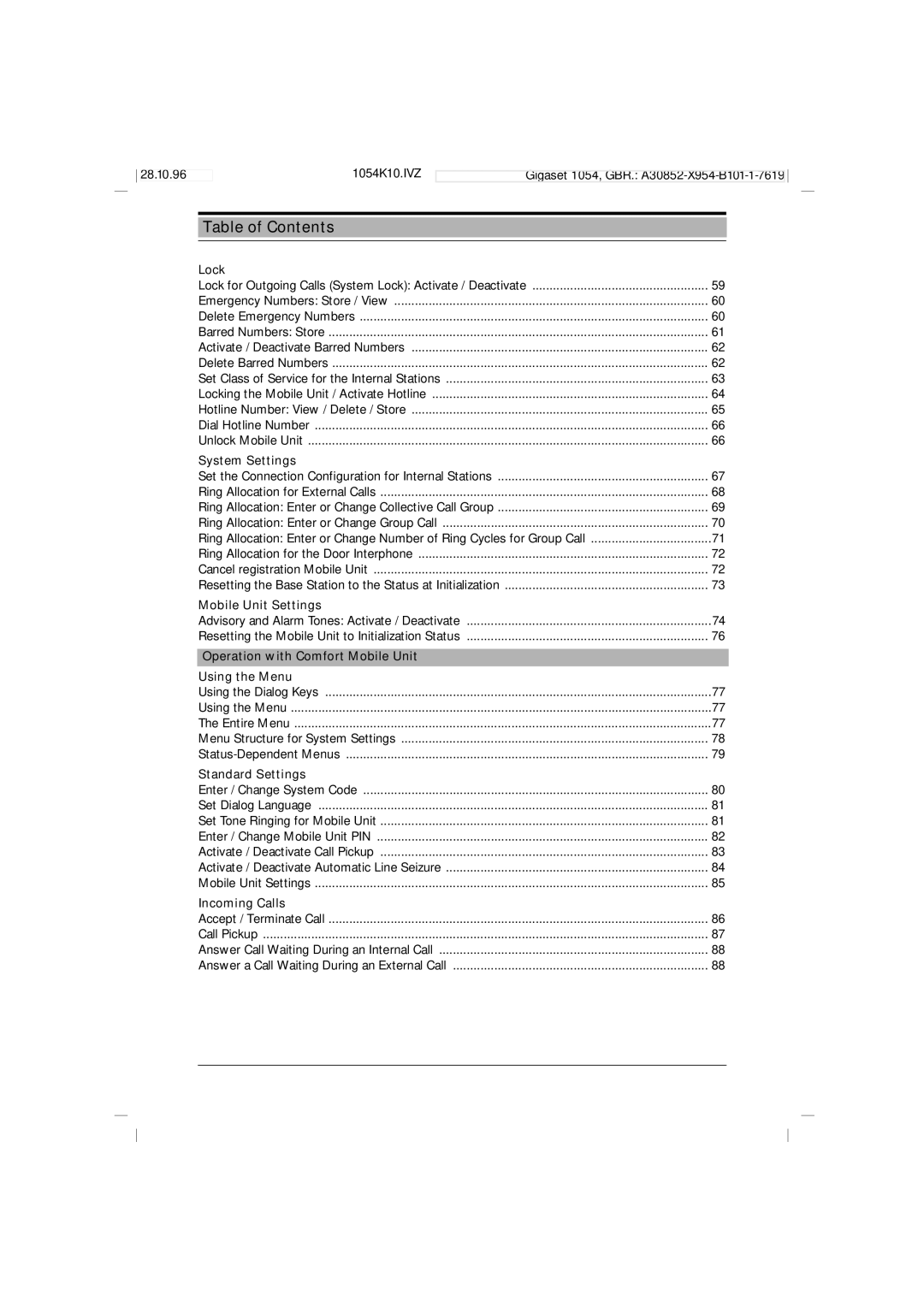 Siemens 1054 Lock, System Settings, Mobile Unit Settings, Operation with Comfort Mobile Unit Using the Menu 