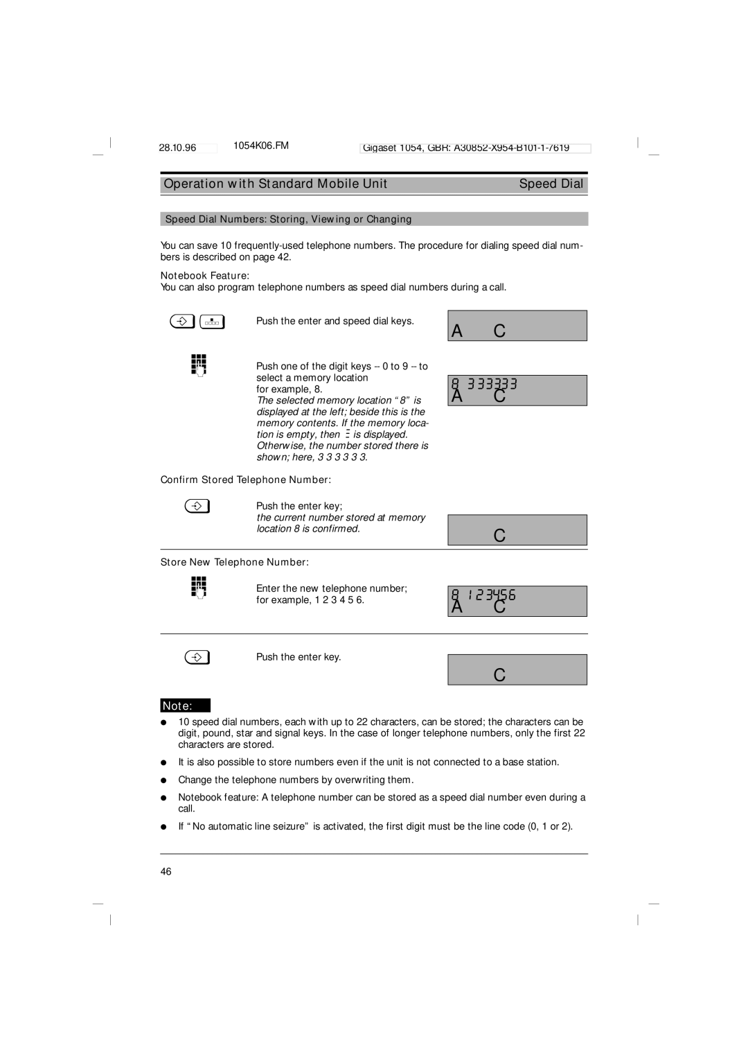 Siemens 1054 333333, Operation with Standard Mobile Unit Speed Dial, Speed Dial Numbers Storing, Viewing or Changing 