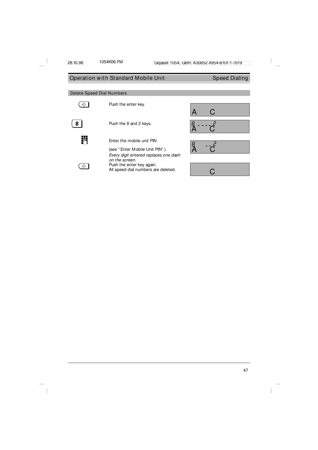 Siemens 1054 operating instructions Operation with Standard Mobile Unit Speed Dialing, Delete Speed Dial Numbers 