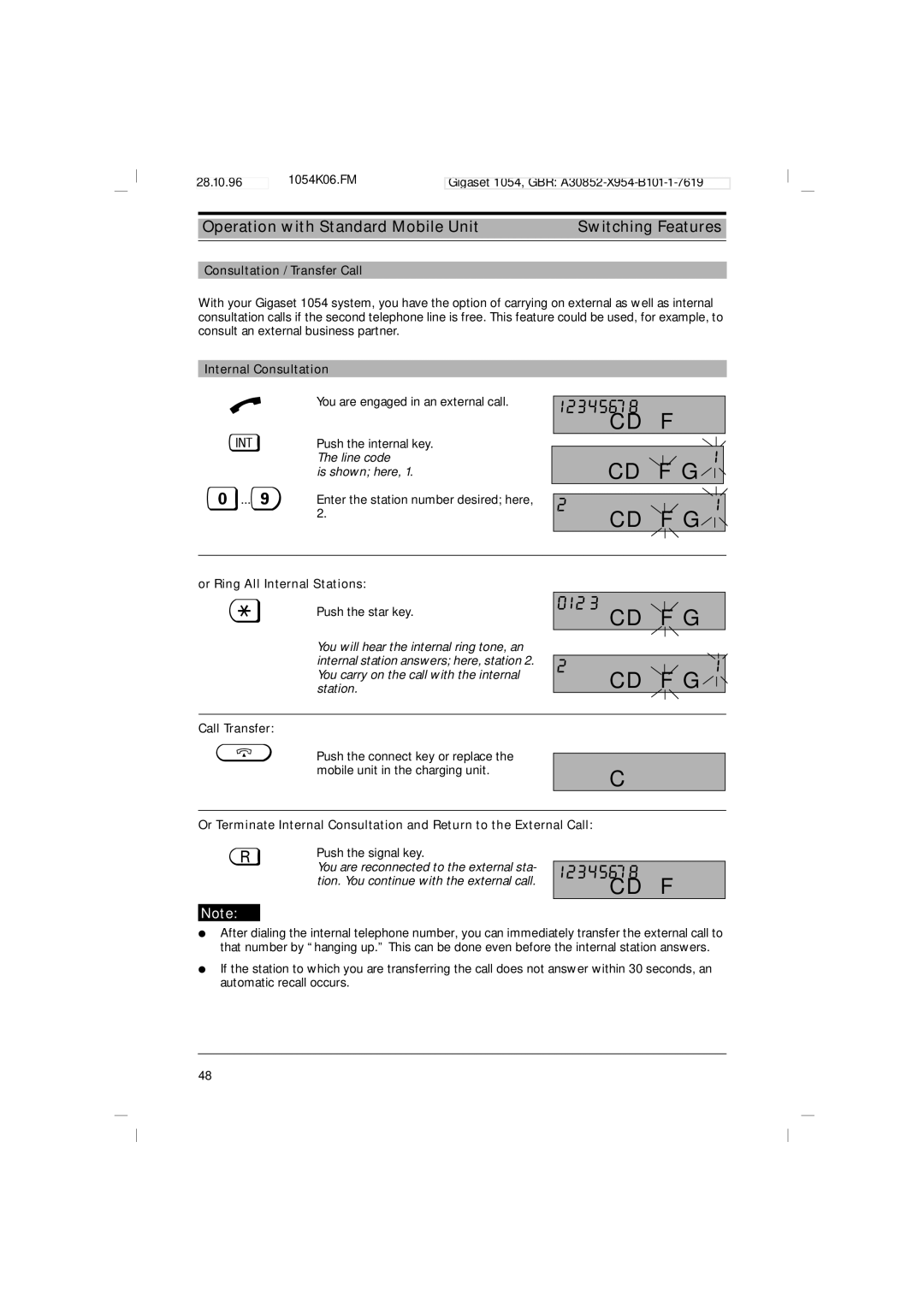 Siemens 1054 operating instructions 0123, Operation with Standard Mobile Unit Switching Features 